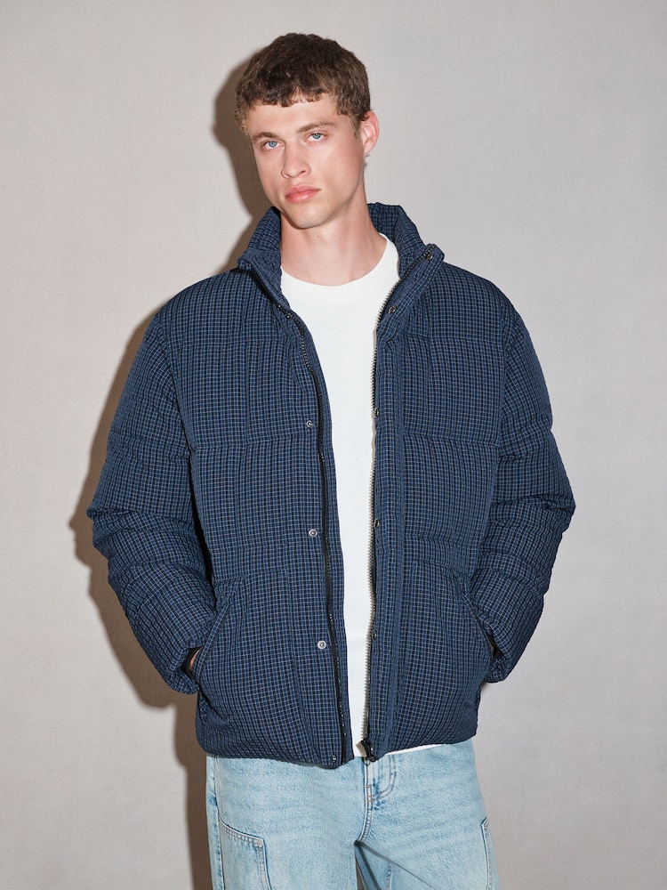 Navy/Grey EDIT Micro Check Funnel Neck Puffer Jacket - Image 1 of 5