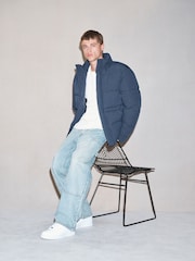Navy/Grey EDIT Micro Check Funnel Neck Puffer Jacket - Image 2 of 5