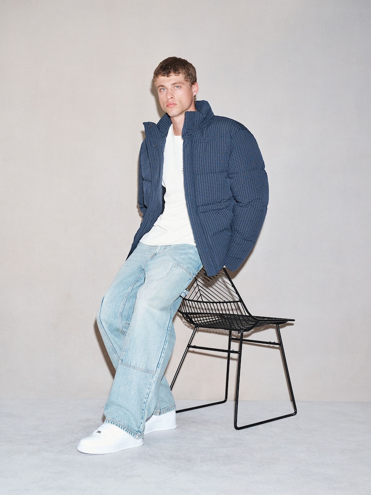 Navy/Grey EDIT Micro Check Funnel Neck Puffer Jacket - Image 2 of 5