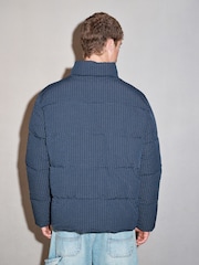 Navy/Grey EDIT Micro Check Funnel Neck Puffer Jacket - Image 3 of 5