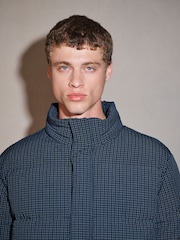 Navy/Grey EDIT Micro Check Funnel Neck Puffer Jacket - Image 4 of 5