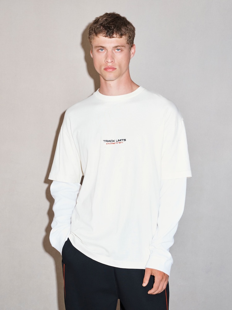 Ecru White Graphic Long Sleeve Edit T-Shirt with Mock Layer - Image 2 of 4