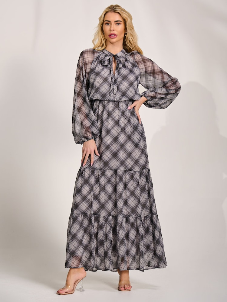 Jolie Moi Black Long Sleeve Tie Neck Maxi Dress - Image 1 of 6