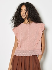Apricot Pink Ruffle Embroidered Cotton Top - Image 1 of 5