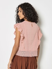 Apricot Pink Ruffle Embroidered Cotton Top - Image 3 of 5