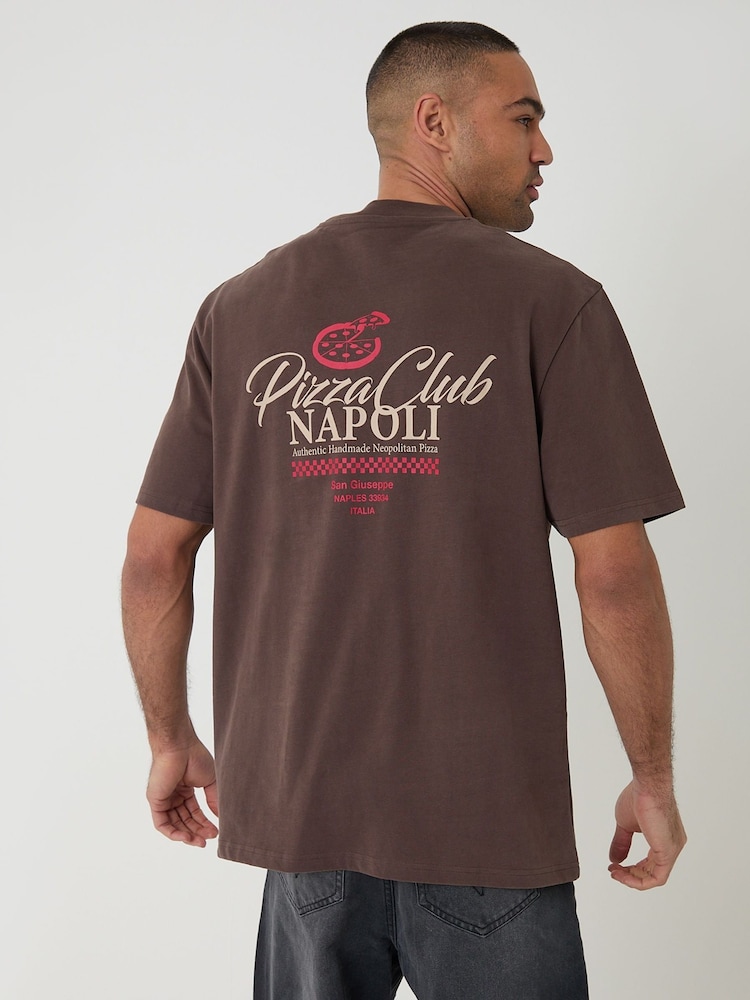 Threadbare Brown Relaxed Fit Pizza Peached Cotton T-Shirt - Image 1 of 1