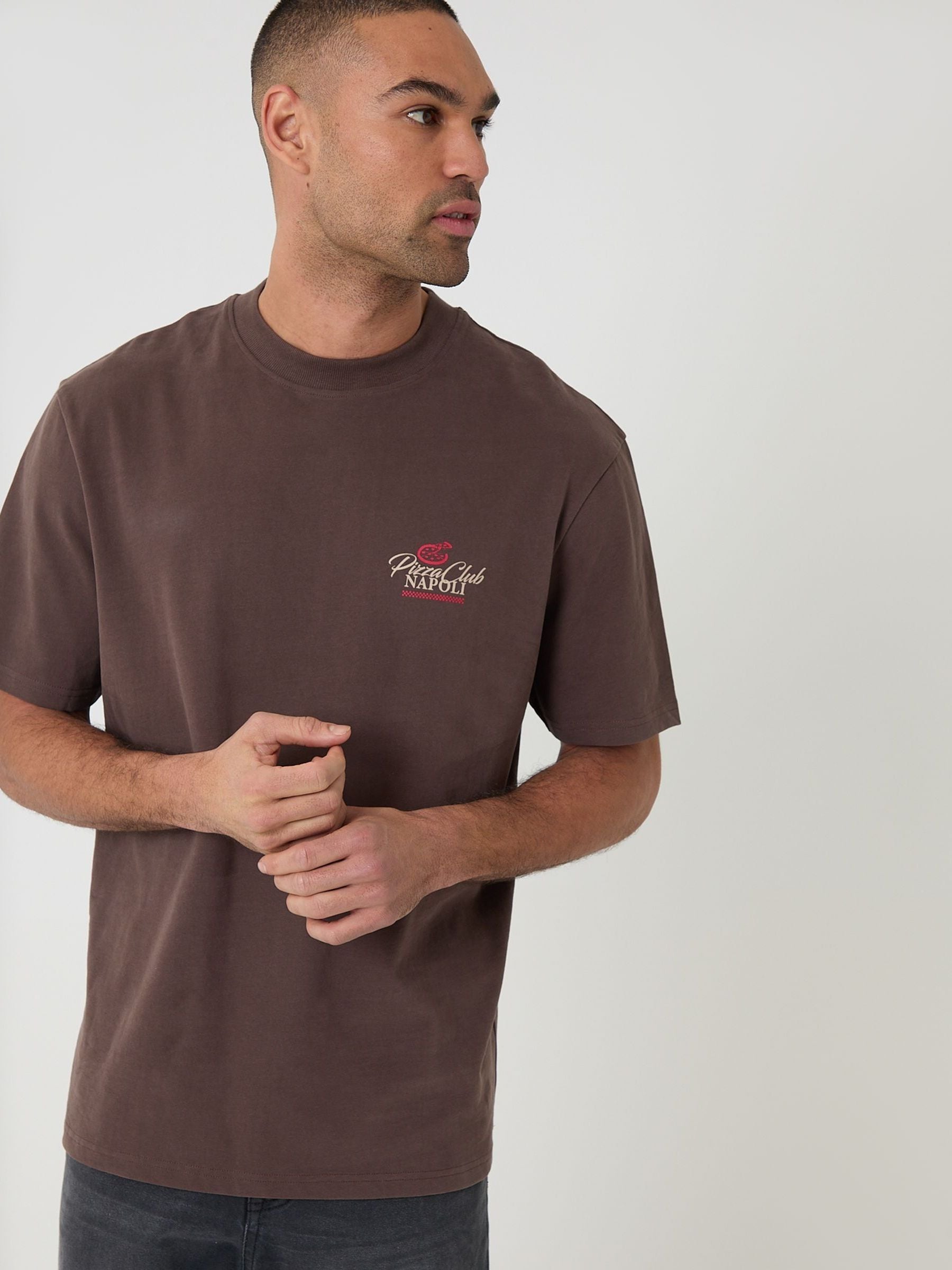 Buy Threadbare Brown Relaxed Fit Pizza Peached Cotton T-Shirt from