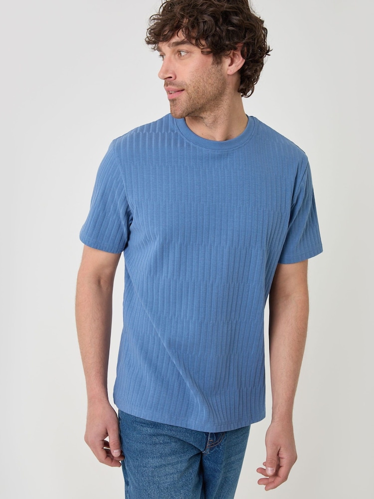 Threadbare Blue Textured Rib Cotton Crew Neck T-Shirt - Image 1 of 4 Threadbare Blue Textured Rib Cotton Crew Neck T-Shirt - Image 1 of 4