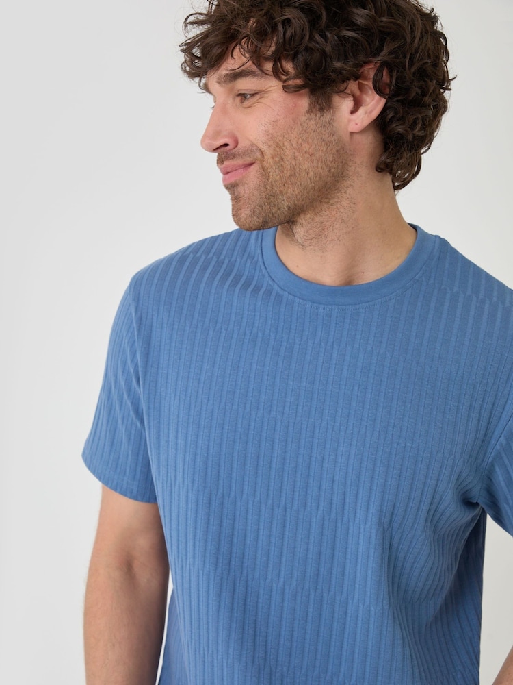 Threadbare Blue Textured Rib Cotton Crew Neck T-Shirt - Image 4 of 4 Threadbare Blue Textured Rib Cotton Crew Neck T-Shirt - Image 4 of 4