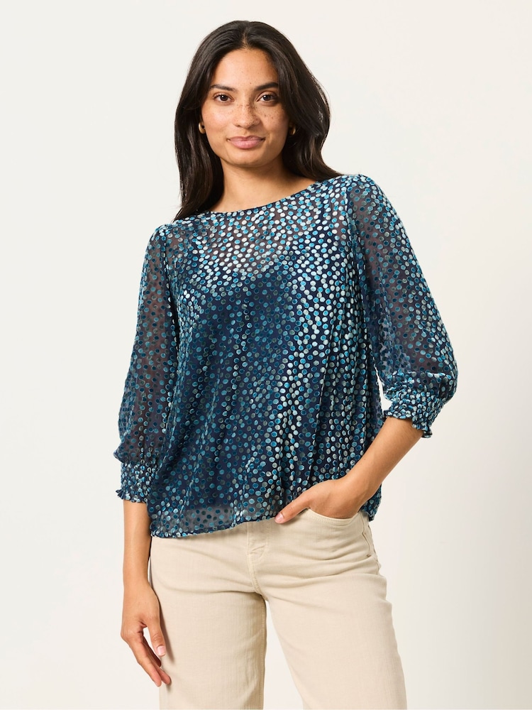 FatFace Shelby Navy Devore Blouse - Image 1 of 6