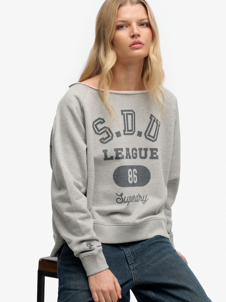 Superdry Grey Athletic Essentials Bardot Crew Sweat Top - Image 1 of 5 Superdry Grey Athletic Essentials Bardot Crew Sweat Top - Image 1 of 5