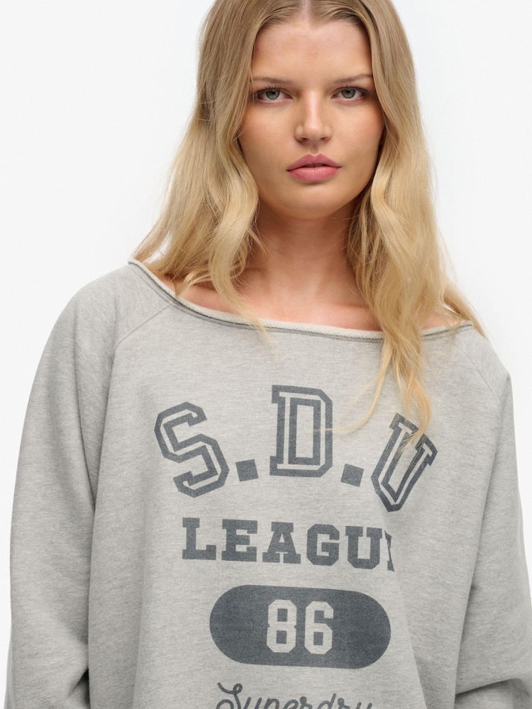Superdry Grey Athletic Essentials Bardot Crew Sweat Top - Image 2 of 5 Superdry Grey Athletic Essentials Bardot Crew Sweat Top - Image 2 of 5