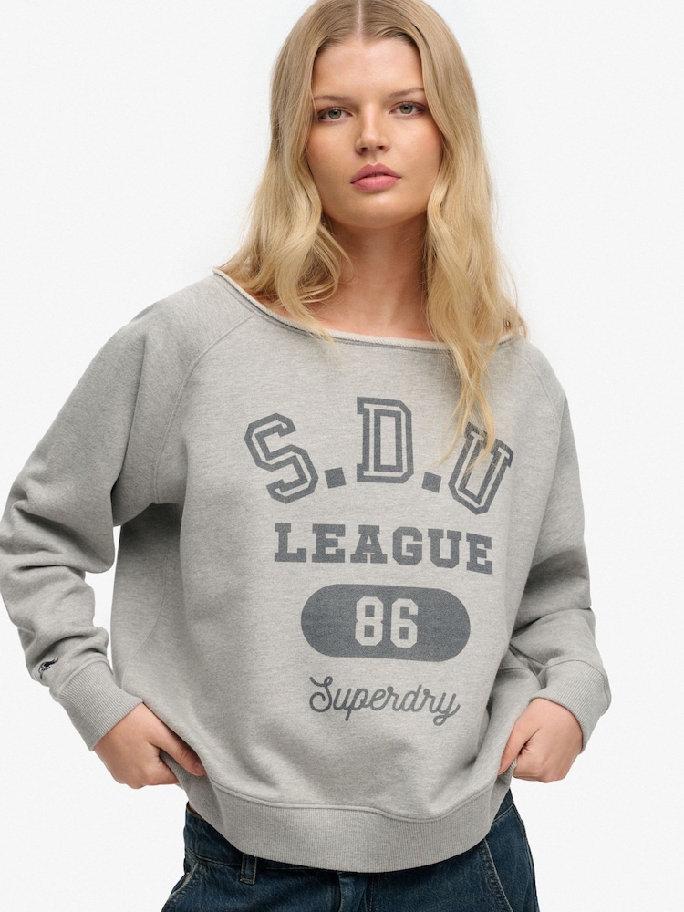 Superdry Grey Athletic Essentials Bardot Crew Sweat Top - Image 5 of 5 Superdry Grey Athletic Essentials Bardot Crew Sweat Top - Image 5 of 5