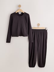 Chocolate Brown Jersey Balloon Leg Button Through Long Sleeve Pyjamas - Image 6 of 9