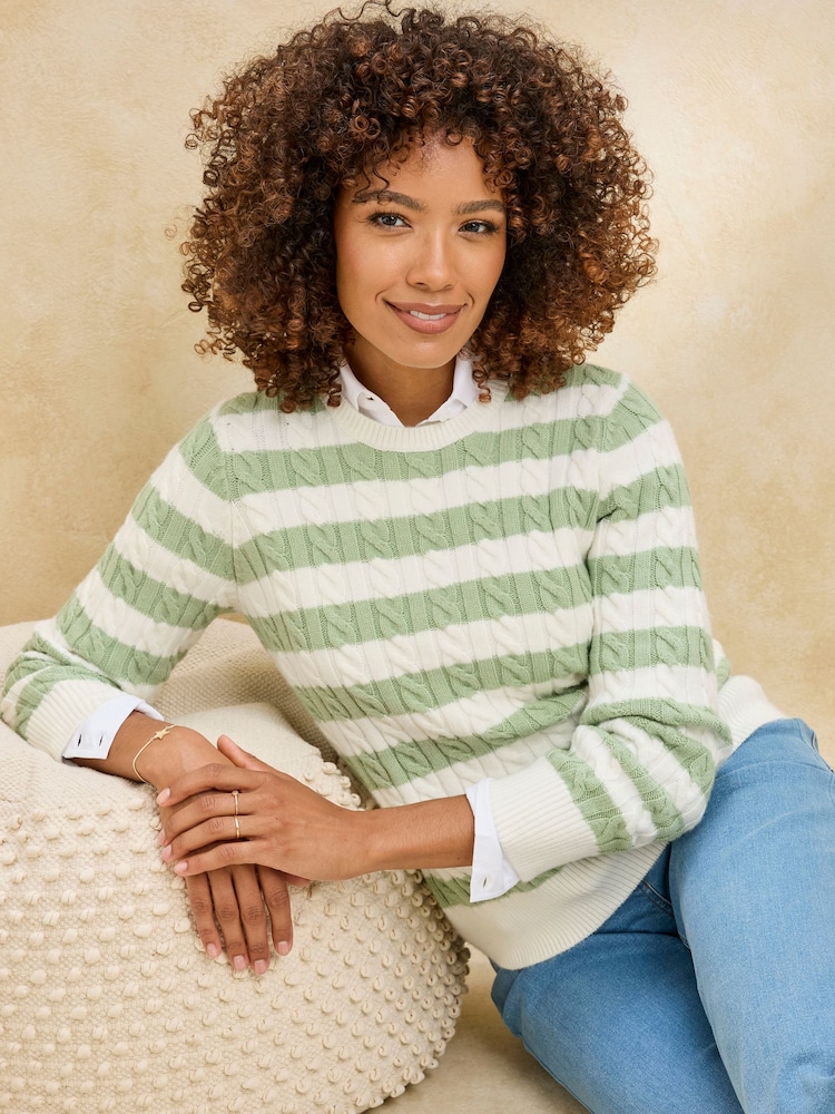Cotton Traders Green Stripe Cutest Cable Jumper - Image 2 of 4