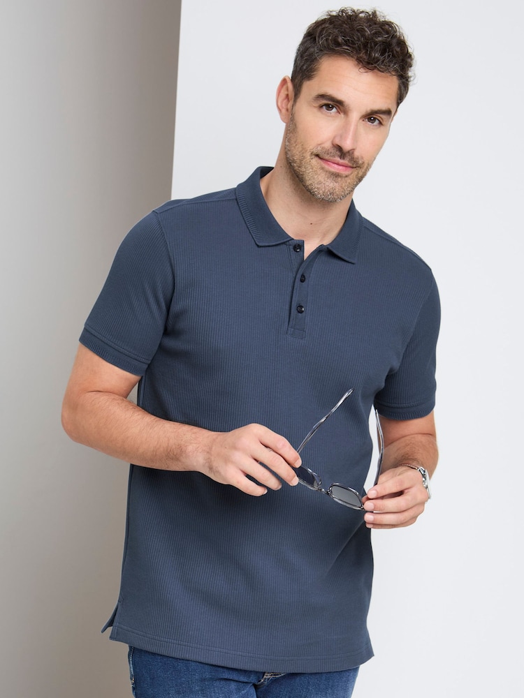 Cotton Traders Blue Short Sleeve Textured Rib Polo Shirt - Image 1 of 4