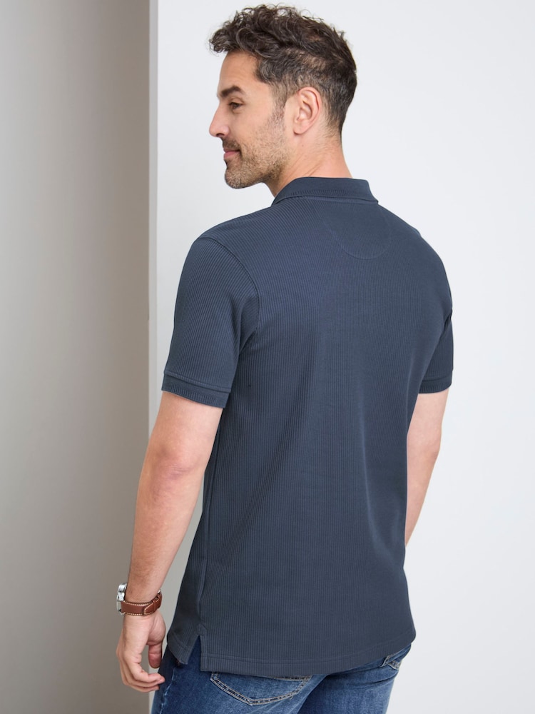 Cotton Traders Blue Short Sleeve Textured Rib Polo Shirt - Image 2 of 4