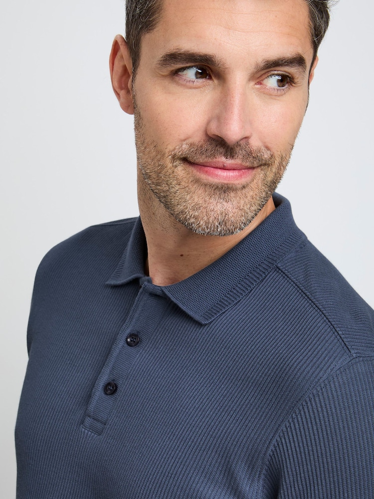 Cotton Traders Blue Short Sleeve Textured Rib Polo Shirt - Image 4 of 4