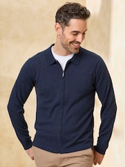 Cotton Traders Blue Luxury Merino Zip Through Cardigan - Image 1 of 5