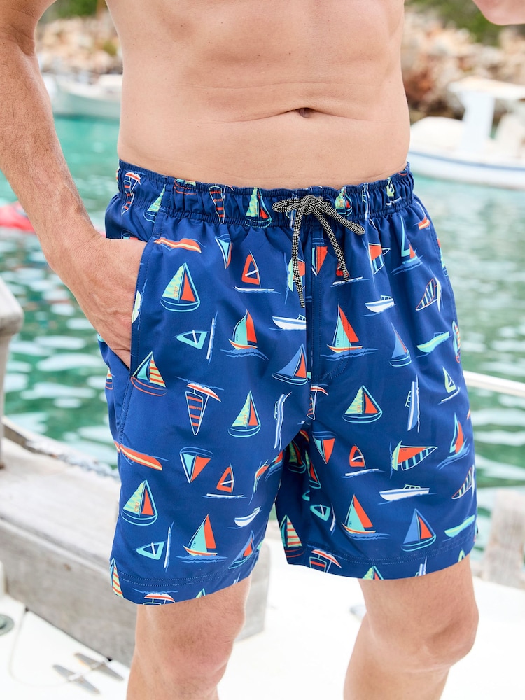 Cotton Traders Blue Printed Swim Shorts - Image 1 of 4 Cotton Traders Blue Printed Swim Shorts - Image 1 of 4