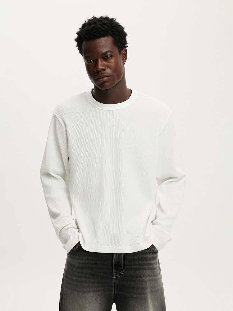 Cotton On White Cropped Fit Textured Long Sleeve T-Shirt - Image 1 of 4
