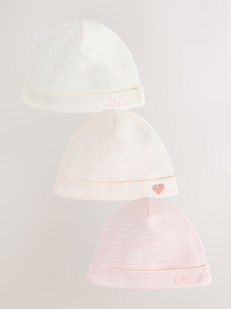 Ecru/Pink Baby Beanies 3 Pack (0-12mths) - Image 1 of 6 Ecru/Pink Baby Beanies 3 Pack (0-12mths) - Image 1 of 6