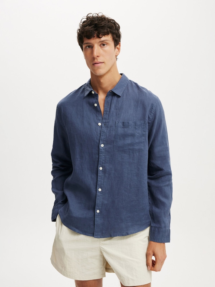 Cotton On Blue Long Sleeve Relaxed Linen Short Sleeve Shirt - Image 1 of 4 Cotton On Blue Long Sleeve Relaxed Linen Short Sleeve Shirt - Image 1 of 4