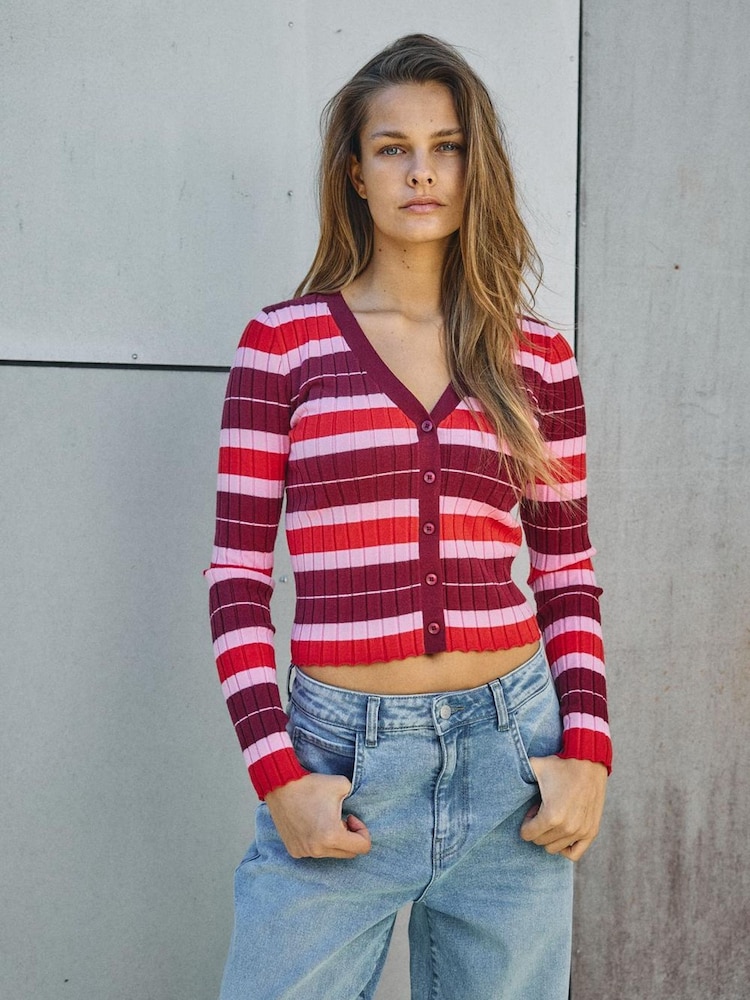 NOISY MAY Red V-Neck Striped Cardigan - Image 1 of 1