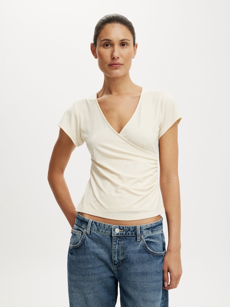 Cotton On Natural Marlo Wrap Short Sleeve Blouse - Image 1 of 5