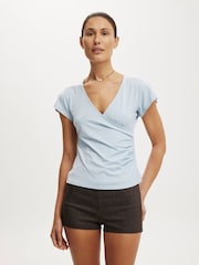 Cotton On Blue Marlo Wrap Short Sleeve Blouse - Image 1 of 5