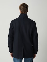 Navy Wool Blend Textured Funnel Neck Drummer Coat - Image 4 of 10