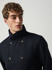 Navy Wool Blend Textured Funnel Neck Drummer Coat - Image 5 of 10