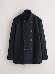 Navy Wool Blend Textured Funnel Neck Drummer Coat - Image 6 of 10