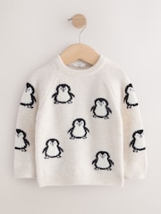 Black/Ecru Penguin All Over Character Knitted Crew Neck Jumper (3mths-7yrs) - Image 1 of 4