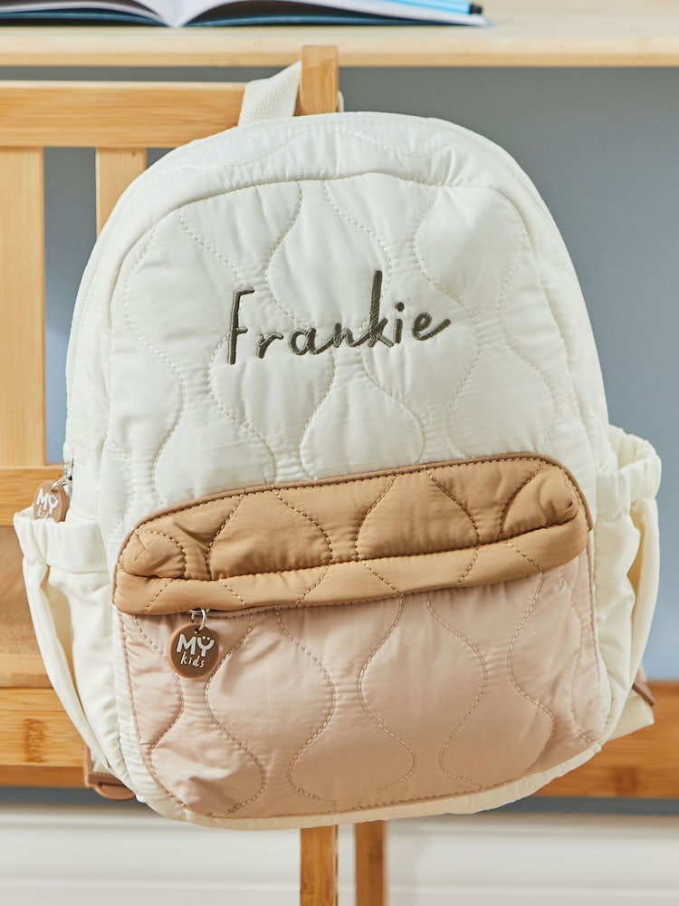 Personalised Colour Block Quilted Medium Backpack by My 1st Years - Image 1 of 3 Personalised Colour Block Quilted Medium Backpack by My 1st Years - Image 1 of 3