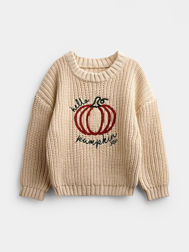 JoJo Maman Bébé Natural Pumpkin Embroidered Knitted Jumper - Image 1 of 4