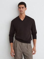 Reiss Bitter Brown Earlsfield Merino Wool V-Neck Jumper - Image 1 of 7