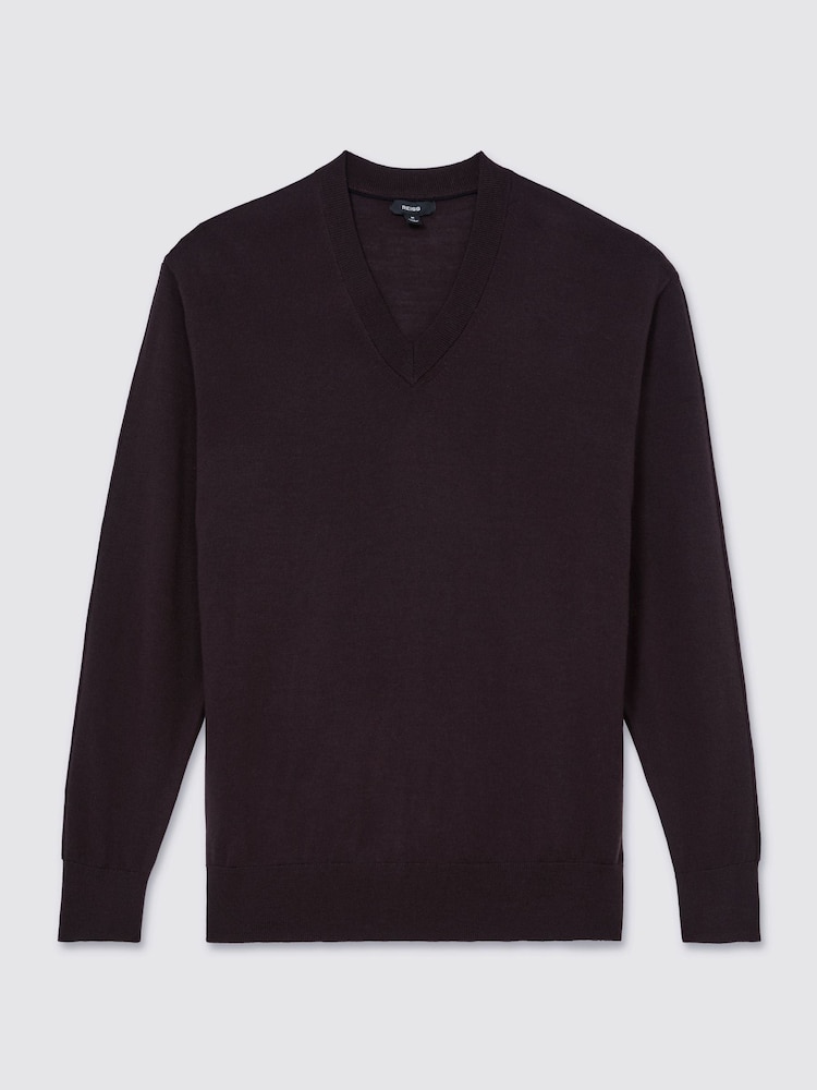 Reiss Bitter Brown Earlsfield Merino Wool V-Neck Jumper - Image 2 of 7 Reiss Bitter Brown Earlsfield Merino Wool V-Neck Jumper - Image 2 of 7