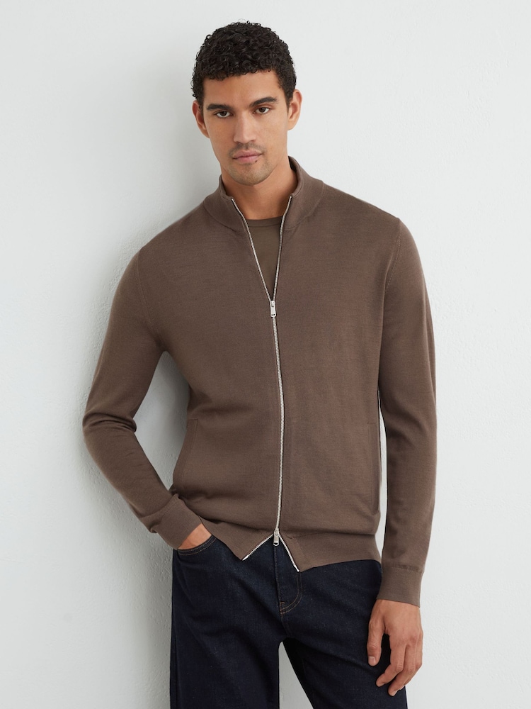 Reiss Ridge Brown Hampshire Merino Wool Funnel-Neck Zipped Cardigan - Image 1 of 6 Reiss Ridge Brown Hampshire Merino Wool Funnel-Neck Zipped Cardigan - Image 1 of 6