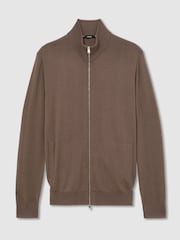 Reiss Ridge Brown Hampshire Merino Wool Funnel-Neck Zipped Cardigan - Image 2 of 6
