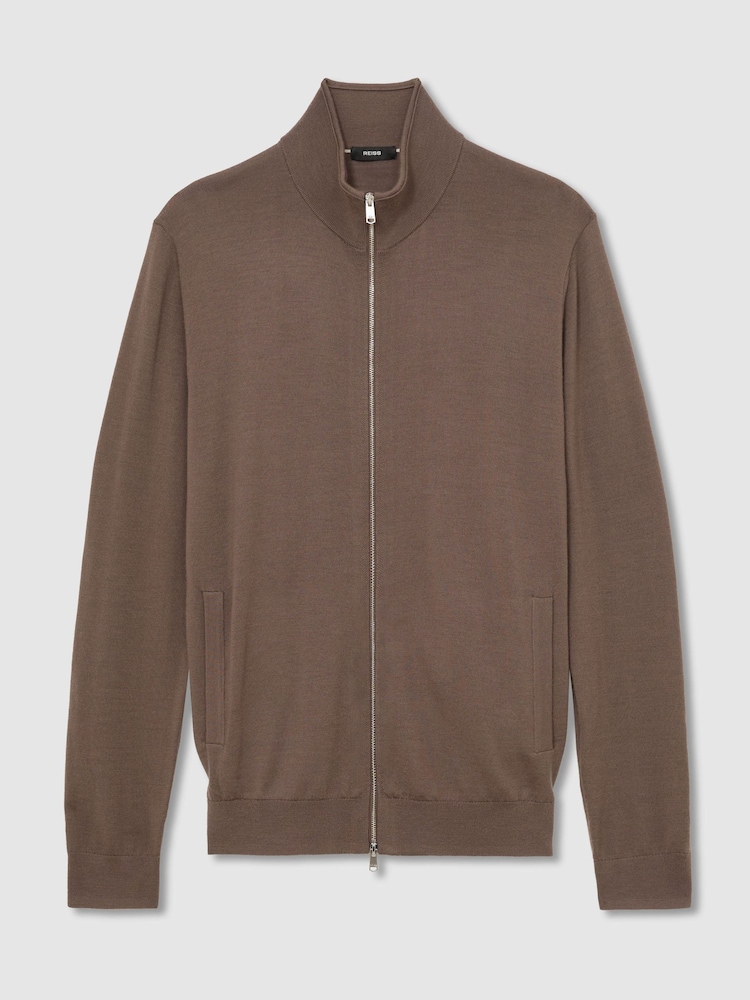 Reiss Ridge Brown Hampshire Merino Wool Funnel-Neck Zipped Cardigan - Image 2 of 6 Reiss Ridge Brown Hampshire Merino Wool Funnel-Neck Zipped Cardigan - Image 2 of 6