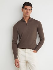 Reiss Ridge Brown Blackhall Merino Wool Half-Zip Funnel-Neck Jumper - Image 1 of 6