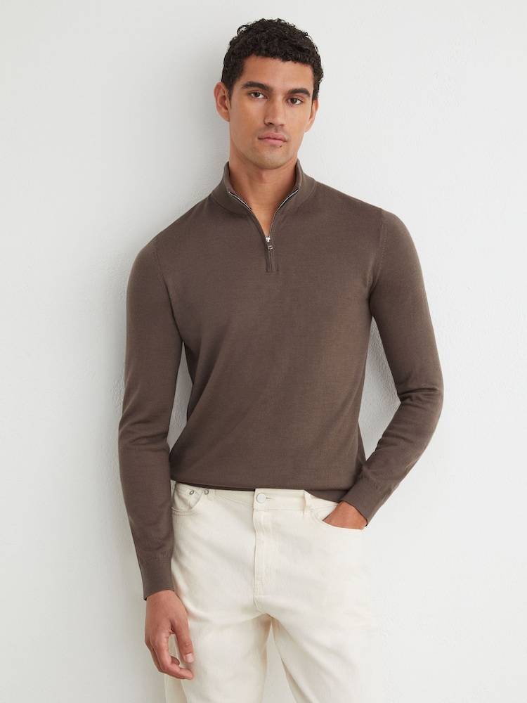 Reiss Ridge Brown Blackhall Merino Wool Half-Zip Funnel-Neck Jumper - Image 1 of 6 Reiss Ridge Brown Blackhall Merino Wool Half-Zip Funnel-Neck Jumper - Image 1 of 6