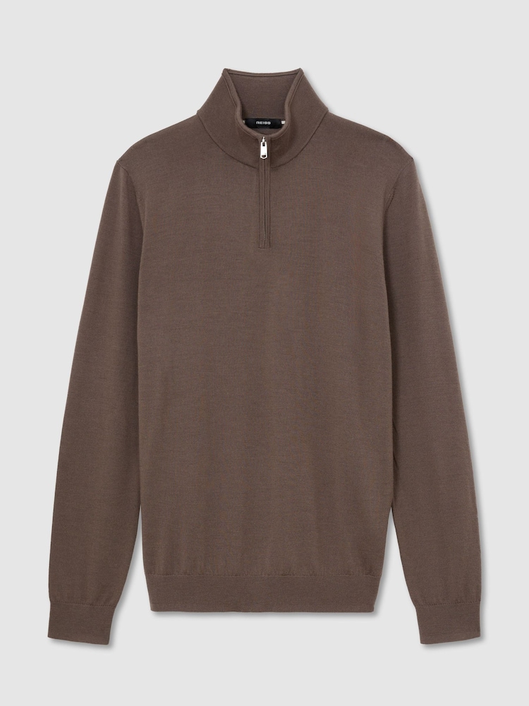 Reiss Ridge Brown Blackhall Merino Wool Half-Zip Funnel-Neck Jumper - Image 2 of 6 Reiss Ridge Brown Blackhall Merino Wool Half-Zip Funnel-Neck Jumper - Image 2 of 6