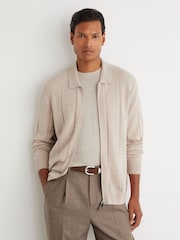 Reiss Oatmeal Martindale Wool Check-Textured Zip-Through Cardigan - Image 1 of 6