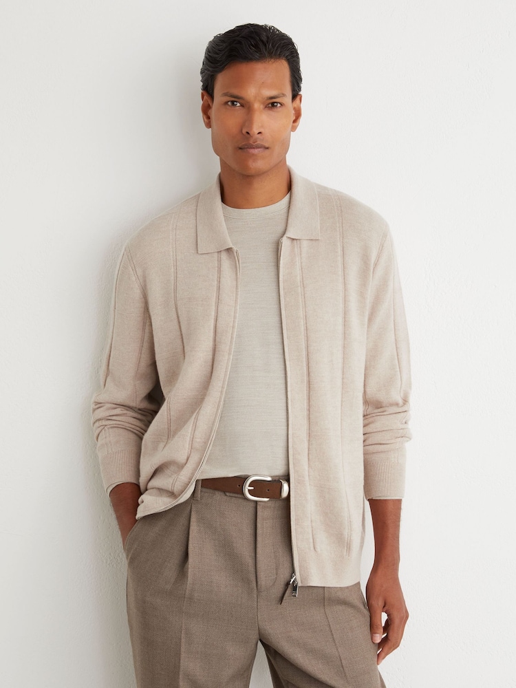 Reiss Oatmeal Martindale Wool Check-Textured Zip-Through Cardigan - Image 1 of 6 Reiss Oatmeal Martindale Wool Check-Textured Zip-Through Cardigan - Image 1 of 6