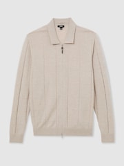 Reiss Oatmeal Martindale Wool Check-Textured Zip-Through Cardigan - Image 2 of 6