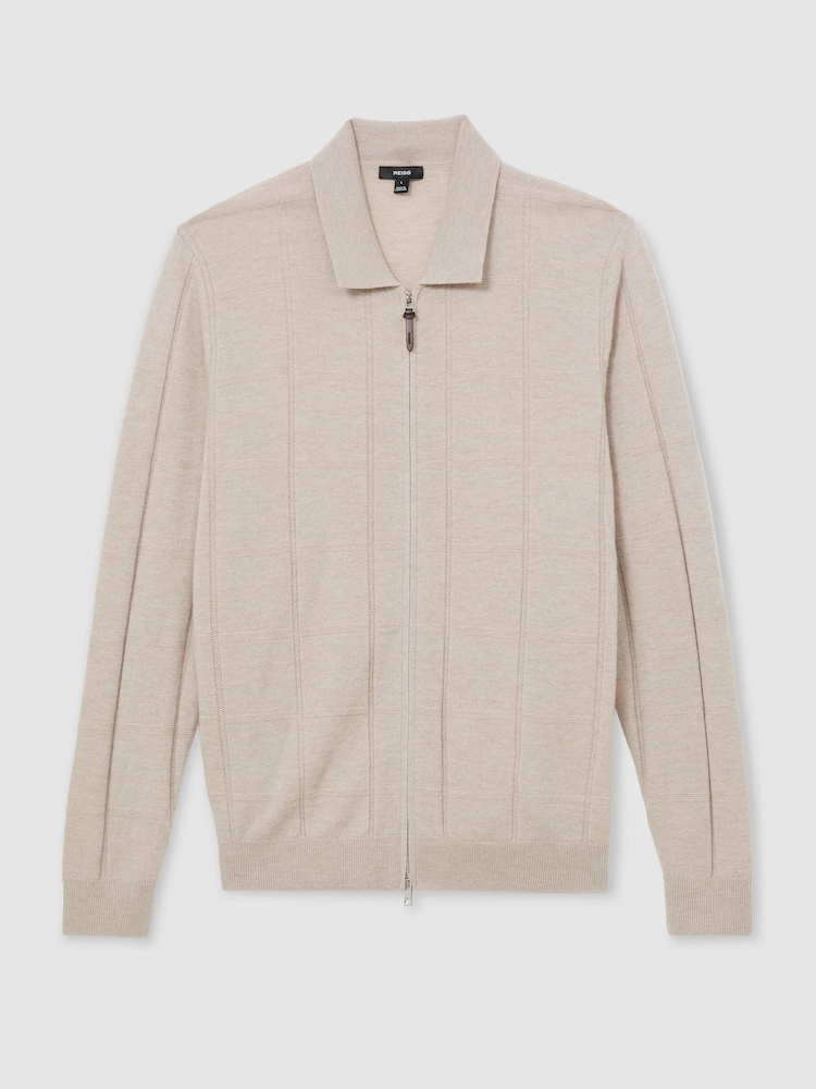 Reiss Oatmeal Martindale Wool Check-Textured Zip-Through Cardigan - Image 2 of 6 Reiss Oatmeal Martindale Wool Check-Textured Zip-Through Cardigan - Image 2 of 6