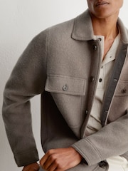 Reiss Taupe Brown Banstead Brushed Wool Button-Through Relaxed Overshirt - Image 1 of 7