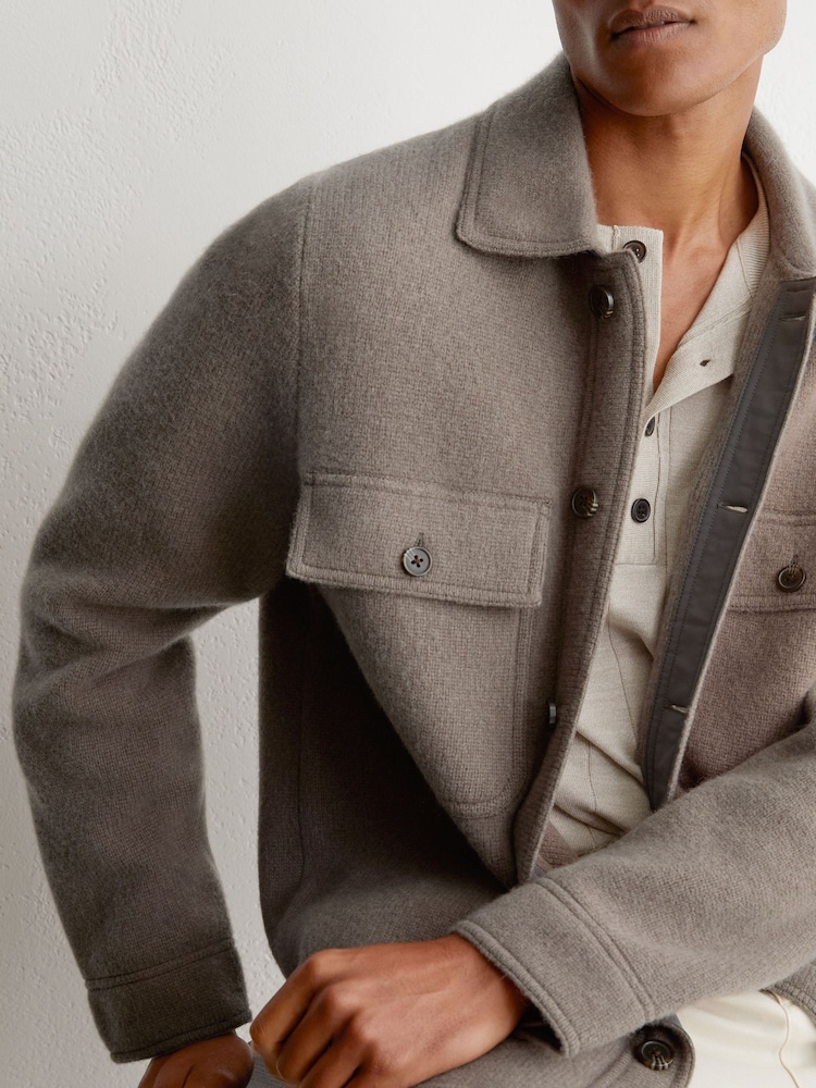 Reiss Taupe Brown Banstead Brushed Wool Button-Through Relaxed Overshirt - Image 1 of 7 Reiss Taupe Brown Banstead Brushed Wool Button-Through Relaxed Overshirt - Image 1 of 7